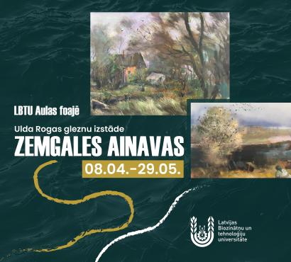 Plakāts tumši zaļā, teksturētā fonā ar divām Ulda Rogas ainavu gleznu reprodukcijām augšdaļā. Baltā tekstā rakstīts: “LBTU Aulas foajē”, “Ulda Rogas gleznu izstāde” un lieliem burtiem “ZEMGALES AINAVAS”. Zeltainā laukā norādīts izstādes laiks: “08.04.–29.05.” Apakšējā labajā stūrī redzams Latvijas Biozinātņu un tehnoloģiju universitātes logo un nosaukums. Plakātu papildina dekoratīvas zeltainas un baltas otas triepienu līnijas.